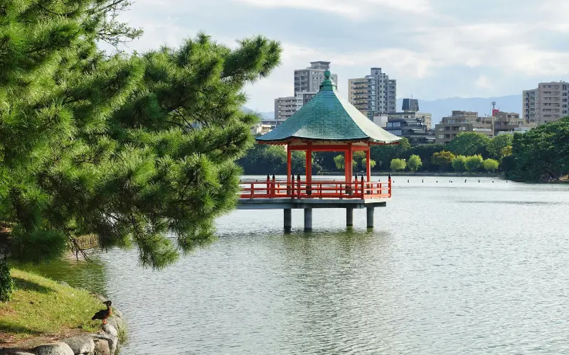 Lakeside view of Ohori Park with Fukuoka Castle ruins